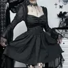 Casual Kleider Goth Schwarz Spitze Ausgestelltes Langarm Party Y2K Elegante Vintage A-Linie V-ausschnitt Kurze Mini Vestidos