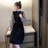 カジュアルドレスヴィンテージの格子縞のプリーツセータードレス女性秋のシックなパッチワークランタンスリーブベルトパーティーA394327y