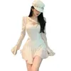 Robes décontractées Summer Mini Robe Femmes Blanc Puff Sleeve Style coréen Fée Plissée Mousseline de soie Japon Sexy Élégant Vintage Party212S