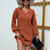 Womens Sweaters Solid V-neck Button Mid Length Woolen Dress 2023 Autumn/winter Lantern Sleeve Knit Sueter Mujer Pullover Tops