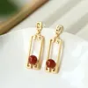 Brincos pendurados sul ágata vermelha elegante orelha studs feminino simples estilo retro all-match contas redondas alta chave eardrop temperamento longo