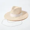 Wide Brim Hats Bucket Design double chain shoulder strap Fedora hat suitable for womens summer sun with necklace pearls Sunshade beach and Raffia wedding 231006