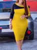 Casual Dresses Women African Dress 2023 Elegant Office Lady Midi Large Size Print O Neck Half Sleeve Color Block Bodycon Elastic