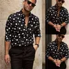 Casual overhemden voor heren Polka dot bedrukt lange mouw V-hals slim fit trainingsshirt sport enkele rij knopen tops zwart wit top 331m