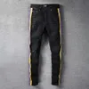 Jean Slim déchiré noir pour hommes, pantalon de marque à la mode, décontracté, danse Hip, quatre saisons, Streetwear, jaune, violet, rayé, 243E