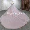 Leylak Lavanta Prenses Sparkly Quinceanera Omuz Kapalı 3D Çiçek Lüks Şapel Tren Vestido Quinceanera Adolescente