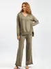 Women's Two Piece Pants Thick Fabric Knitted Set Full Sleeves Sweater And Trouser Khaki Color Loose Tops Leg 2 Sets