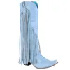 Botas Bonjomarisa Chegada Cowboy Western Long Knee-High Botas Mulheres Empilhados Fringe Retro Casual Ridding Botas Outono Sapatos 231007