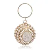 School Bags Women Round Clutch Handbag Artificial Pearl Beaded Ring Handle Purse Evening Bag