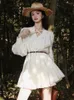 Robes décontractées Blanc élégant dentelle fête col en V longue lanterne manches coréenne mode design lâche fée robe moulante femmes femme été