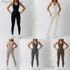 Active Sets WISRUNING Hollowed Back Yoga Jumpsuit Sport Outfit for Women Bodysuit Suits for Fitness Set Workout Tights Sportswear for GymL231007