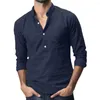 Chemises décontractées pour hommes Bouton Henley-Shirt Col rabattu Chemise en lin de coton à manches longues Baggy Pocket T-shirts Solid Top Hommes Tenues d'automne