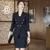 Two Piece Dress Elegant Women Formal Skirt Suits Blue Stripe Blazer Business Sets Office Lady Work Wear Uniform 2023 Autumn