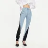 Kvinnors jeans färg blockerar kvinnor denim blyerts byxor trendiga kläder hipster kontrast sömbyxor lapptäcke design kvinnlig streetwear