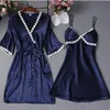 New Sexy Satin Kimono Women's Gorgeous Loungewear Robe 2pcs per set Solid Lace Up Sleepwear Nightwear Dress285H