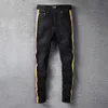 Preto magro rasgado marca de moda calças jeans casual hip dança quatro temporada streetwear amarelo roxo listrado homens men's243e