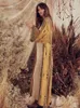 Повседневные платья 2023. Желтое платье с принтом в стиле ретро с длинным рукавом и поясом, богемное кимоно больших размеров, женская уличная одежда макси Q1228