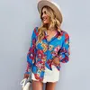 Blouses pour femmes Mode Femmes Manches longues Col rabattu Chemise boutonnée Printemps Lâche Imprimé floral Streetwear Beachwear Chemises à fleurs