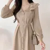 Vestidos casuais francês chique outono maxi para mulheres ruffled colarinho manga longa feminino vestidos de mujer senhoras laço-up vestido gota