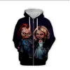 Whole Womens Mens Child's Play of Chucky Doll 3Dプリントフード付きスウェットシャツハロウィーン面白いバックウッドパターンジッパー222q