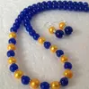 Necklace Earrings Set Genuine Golden Akoya Cultured Pearl/Blue Jade Beads 18"