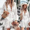 2020 Kvinnors baddräkt Cover Up Sleeve Beach Tunic Dress Robe de Plage Solid White Cotton Pareo Beach High Collar Cover Up279p