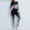 Aktywne zestawy kobiety bezproblemowo zestaw jogi Gym High talia Ombre Legginsy T-shirty górne garnituru długoterminowe trening fitness