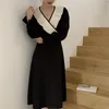 Casual Jurken 2023 Fall Koreaanse Lange Jurk Vrouwen V-hals Ruches Mouw Vestidos Vrouwelijke Losse Taille A-lijn Oversized C004