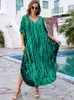 Robes décontractées Bohemian Green Tie Dye imprimé col en V manches chauve-souris côté fendu robe ample pour femmes vêtements 2023 vêtements de plage Maxi Q1218