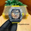 Richardmill Watch Milles Relógios Richads Milles Star Jackie Chan Grande Dial Barrel Mens Tendência À Prova D 'Água Azul Carbono Soldado Wei Hollow Miller Mecânico Uqbn