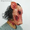 Theme Costume Latex Pig Head Scary Masks Classic Cosplay Prop Halloween Mask Festival plies Mask Chains Pig Head Terrible With Hair FunnyL231008