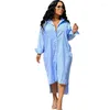 Roupas étnicas Longo Camisa Africana Vestido Mulheres Turn Down Collar Robes Outono Moda Listrada Impressão Solta Casual Maxi Vestidos