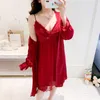 Women's Sleepwear White Patchwork Lace Satin Kimono 2PCS Robe Set Women Long Nightwear Home Clothing Casual Homewear Intimate Lingerie