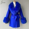 Women's Fur Faux Fur Jxwatcher 2023 New Style Cashmere Coats Real Fox Fur Collar Ladies Mid-length Wool Jacket Winter Elegant Belt Design OuterwearL231007