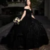 Черное милое платье Quinceanera Бальное платье с открытыми плечами Пышное сладкое платье 16 с 3D-цветами Аппликация Caoe Вечерние платья знаменитостей