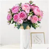 Decorative Flowers Wreaths 32Cm Rose Pink Silk Bouquet Peony Artificial 5 Big Heads 4 Small Bud Bride Home Decoration Fake Faux Drop D Dhiku