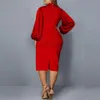 プラスサイズのドレスの女性ドレス秋のエレガントな弓の夜の誕生日パーティー赤い長袖ミディウェディングプロム260