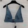 Womens Designers T Shirts Underwear With Metal Triangle Badge Sexy Deep V Denim Sling Tube Tops Women Clothing3280
