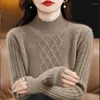 Suéter feminino de lã pura, pulôver meia gola alta outono e inverno moda de malha coreana cor sólida subpêlo