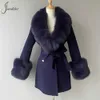Women's Fur Faux Fur Jxwatcher 2023 New Style Cashmere Coats Real Fox Fur Collar Ladies Mid-length Wool Jacket Winter Elegant Belt Design OuterwearL231007