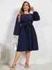 Casual Kleider Herbst Plus Größe Lose Frau Navy Abend Mit Knopf Langarm Plissee Swing Kleid