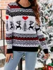 女性用セーター女性かわいいクルーネックセータークリスマスプリント長袖プルオーバートップス秋の暖かいストリートウェアのニットウェア