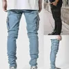 Confortável Legal Multi Bolsos Cor Sólida Masculino Jeans Comfy Cargo Jeans Calças Elásticas H1116273V
