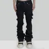 Jeans pour hommes Mode évasée Hommes Ripped Distressed Streetwear Pantalon en denim noir Longs rubans Tendance Man290c