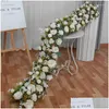 Ghirlande di fiori decorativi Rosa bianca Ortensia Grande palla Piante verdi artificiali Fiore Fila Runner Sfondo Decor Parete floreale Festa Dhp8U