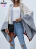 Szaliki w kobiecych swetrach Elegancka, swobodna solidna, luźna krato nad Sizepatchwork Knitted Cardigan Office Lady Women Coat Sweters 231007