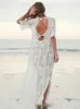 Abiti casual 2023 Sexy vedere attraverso aperto indietro O-Collo Summer Beach Dress tunica di pizzo bianco donna Plus Size Sheer Beachwear Maxi Q1136