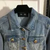 Kvinnors vintage lejon knapp denim jackor mode hösttvätt blå en knapp outwear kvinnor motorcykelfickor jacka kvinna kläder