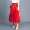 Jupes Printemps Été Tulle Jupe Rouge Gris Marron Rose Longue Femmes Élégant Maxi Taille Haute Maille Irrégulière Plissée