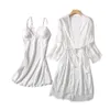 Vrouwen Nachtkleding Zijdeachtige Vrouwen Zijden Gewaad Gown Set Zomer Sexy Kant Trim Jurk Elegante Vrouw Pyjama Casual Badjas Sets258l